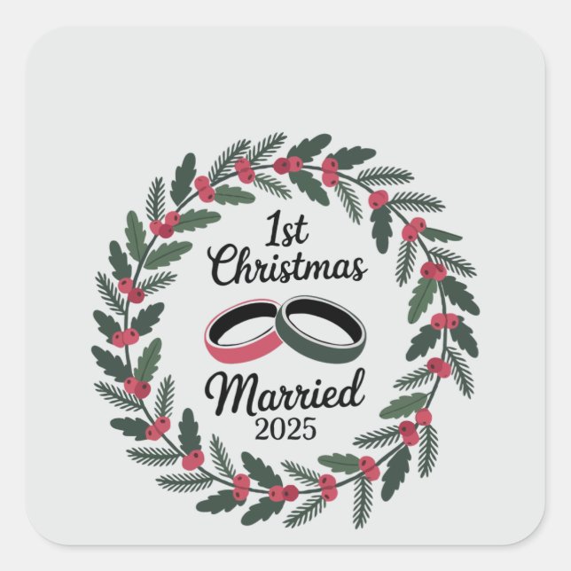 Classic Wedding Rings Wreath | 1st Christmas Square Sticker (Front)
