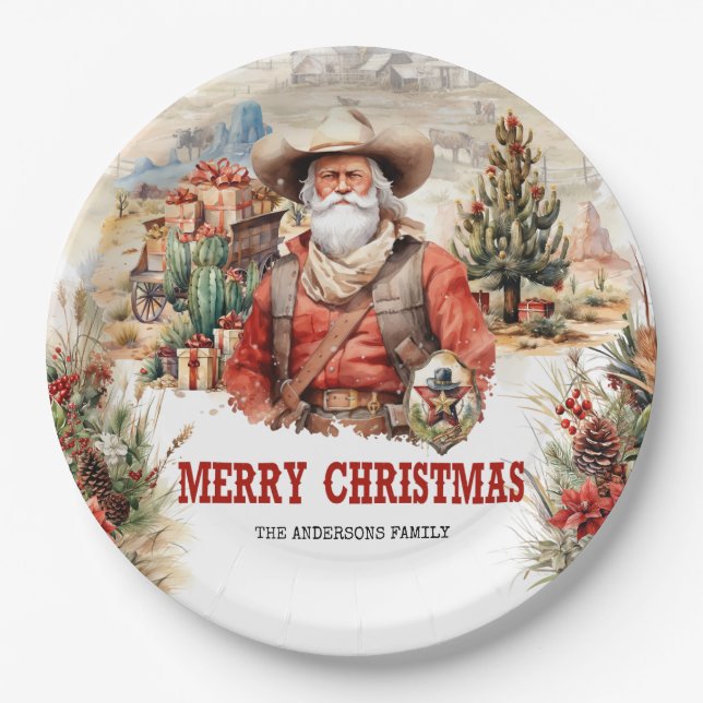 Classic western style Santa sheriff and cowboy Paper Plate (Front)