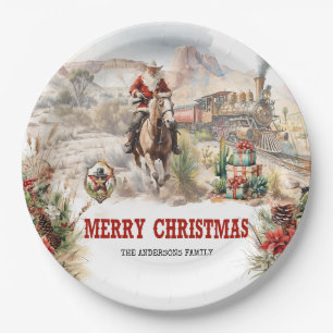 Classic western style with Santa cowboy red train Paper Plate