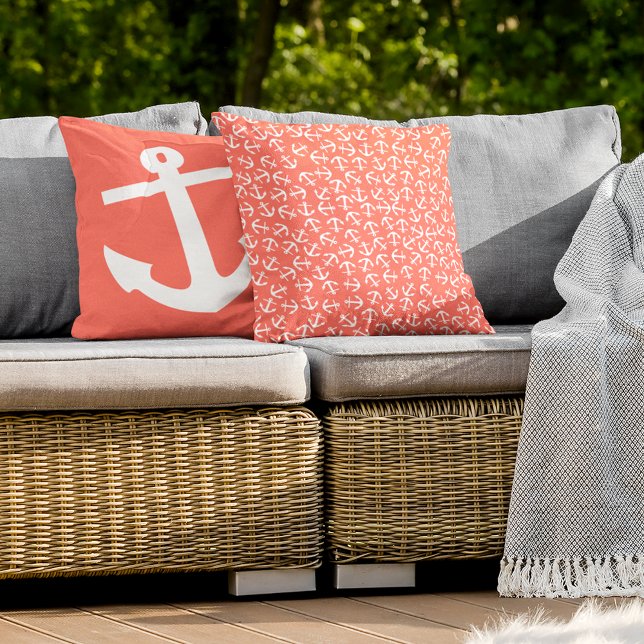 Classic White Anchor Pattern On Chic Coral Orange Cushion (Creator Uploaded)
