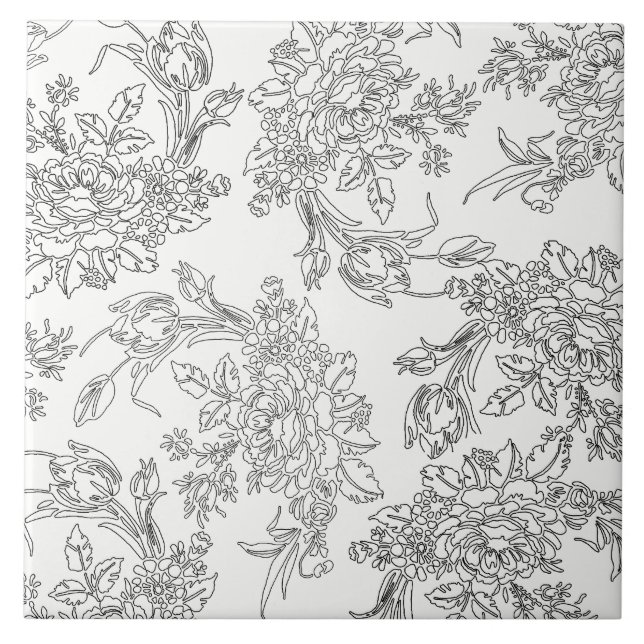 Classic White and Black Floral Toile Tile (Front)