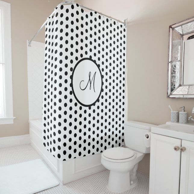 Classic White and Black Polka Dots Monogrammed Shower Curtain (In Situ)