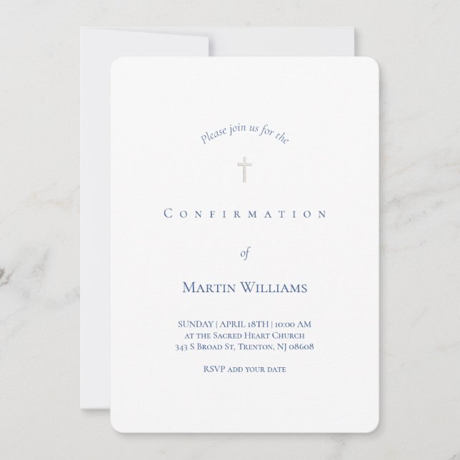 classic white and blue Confirmation Invitation (Front)