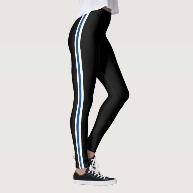 Classic White and Blue Side Stripes on Black  Leggings (Right)
