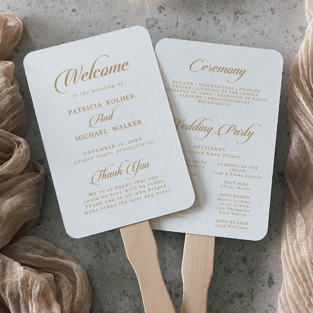 Classic White and Gold Calligraphy Wedding Program Hand Fan (Creator Uploaded)