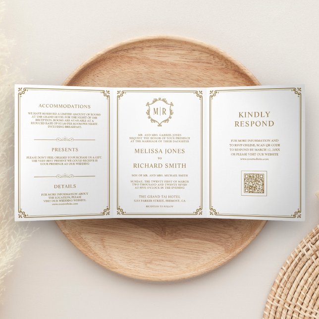 Classic White and Gold Monogram QR Code Wedding Tri-Fold Invitation (Creator Uploaded)