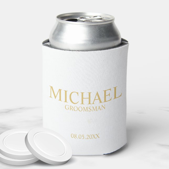 Classic White and Gold Personalised Groomsman Can Cooler (Creator Uploaded)