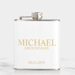 Classic White and Gold Personalised Groomsman Hip Flask<br><div class="desc">Classic White and Gold Personalised Groomsman Gifts featuring personalised groomsman's name, title and wedding date in gold classic serif font style. Also perfect for Best Man, Father of the Bride and more. Please Note: The foil details are simulated in the artwork. No actual foil will be used in the making...</div>