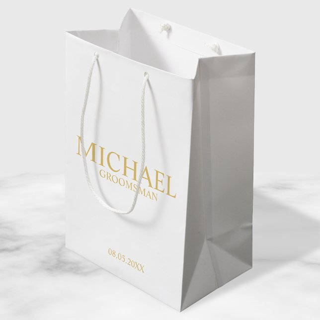 Classic White and Gold Personalised Groomsman Medium Gift Bag (Creator Uploaded)