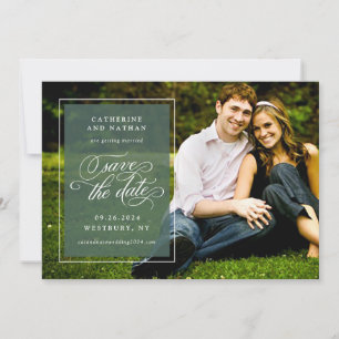 Classic White and Green Elegant Script Wedding Save The Date