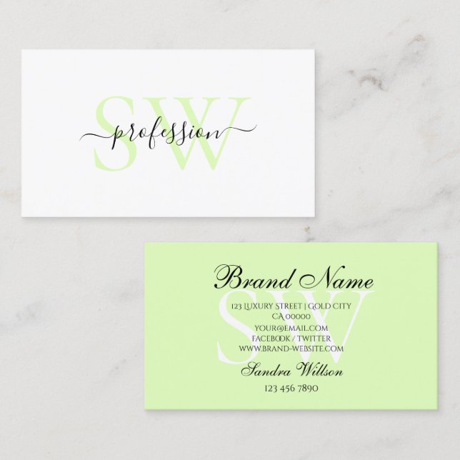 Classic White and Light Pastel Mint with Initials Business Card (Front/Back)