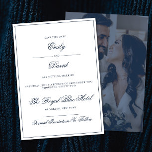 Classic White and Navy Elegant Photo Save The Date