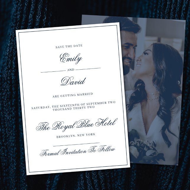 Classic White and Navy Elegant Photo  Save The Date (Creator Uploaded)