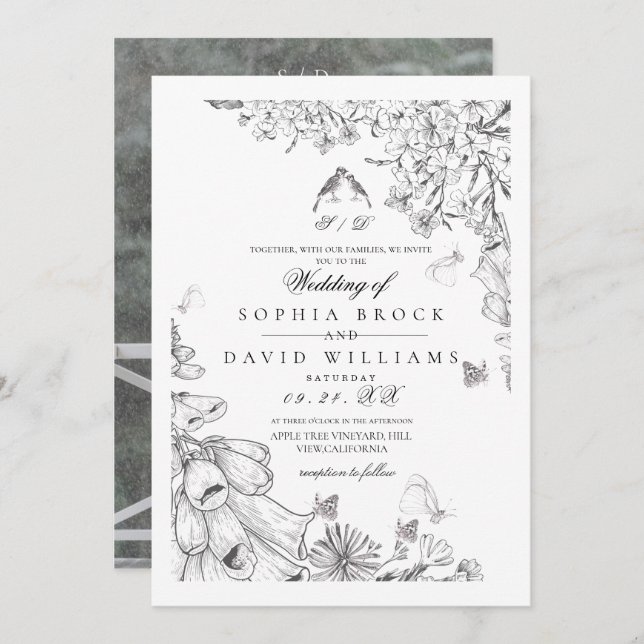 Classic White Black Botanical Wedding  Invitation (Front/Back)