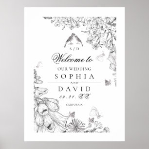 Classic White Black Floral Wedding Welcome  Poster