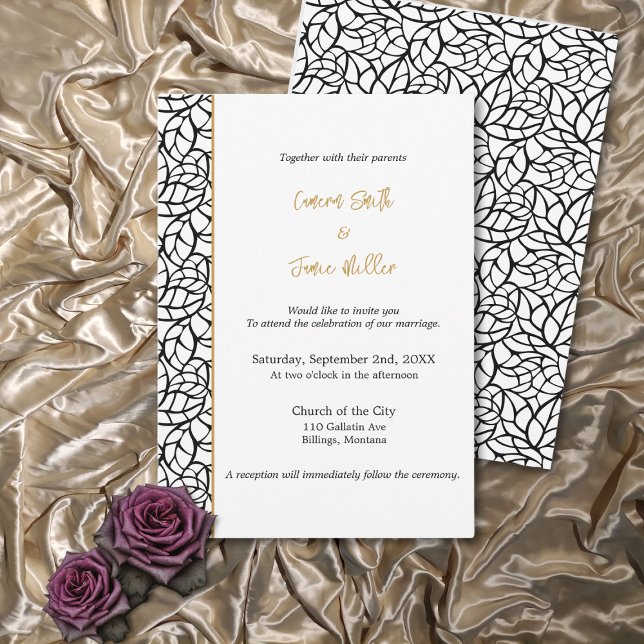 Classic White & Black Leaf Pattern Border Wedding Invitation (Classic White & Black Leaf Pattern Border Wedding Invitation)