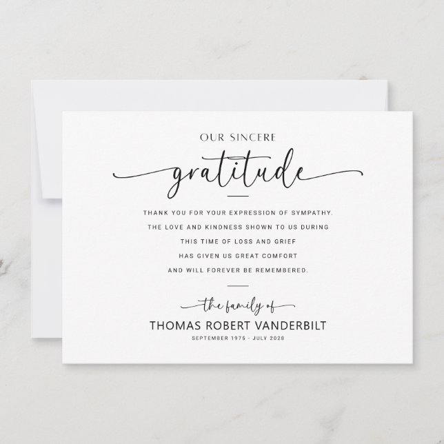Classic White & Black Minimalist Funeral Thank You Card (Front)