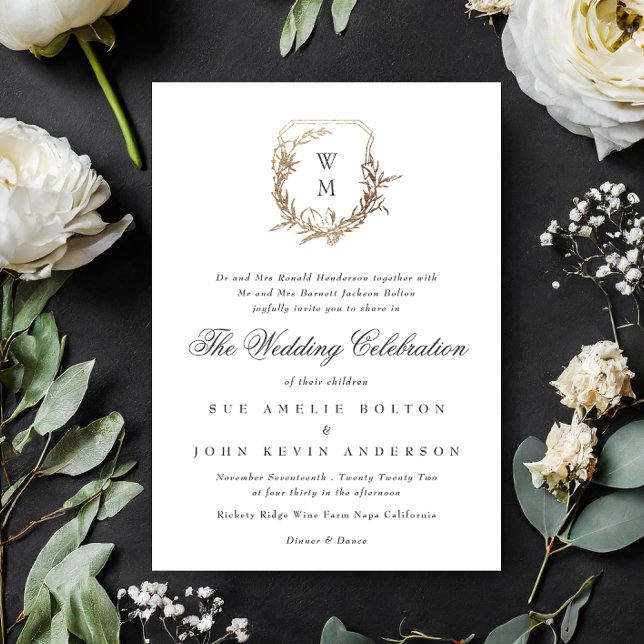 classic white black monogram wedding gold crest invitation (Creator Uploaded)