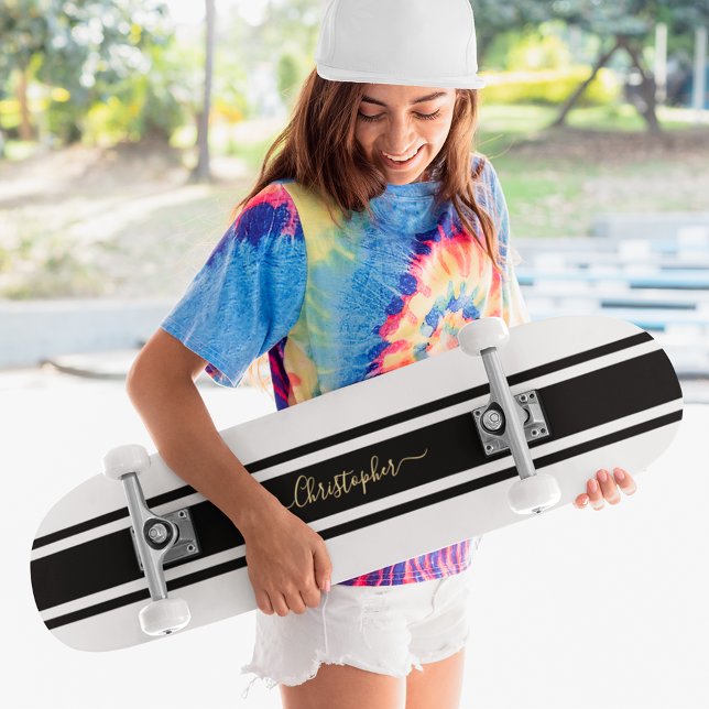 Classic White Black Racing Stripes Gold Monogram Skateboard (Classic Black White Gold Monogram Racing Stripes Skateboard)