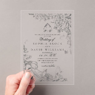 Classic White Black Rustic Botanical Wedding Acrylic Invitations