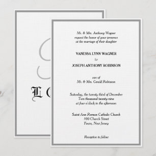 Classic White Black Silver Monogram Wedding Invitation