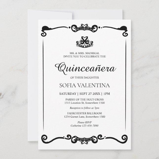 Classic White Black Tiara Quinceanera Invitation (Front)