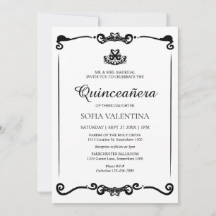 Classic White Black Tiara Quinceanera Invitation