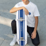 Classic White Blue Racing Stripes Gold Monogrammed Skateboard<br><div class="desc">Create your own custom, personalised, classic navy blue and white racing stripes, cool, stylish, classy elegant faux gold typography script, best quality hard-rock maple competition shaped skateboard deck. To customise, simply type in your name / monogram / initials. While you add / design, you'll be able to see a preview...</div>