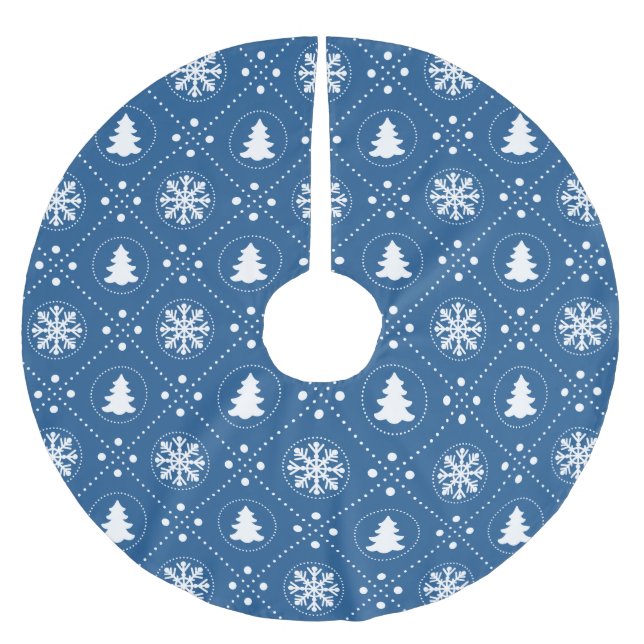 Classic White Blue Winter Christmas Pattern Brushed Polyester Tree Skirt (Front)