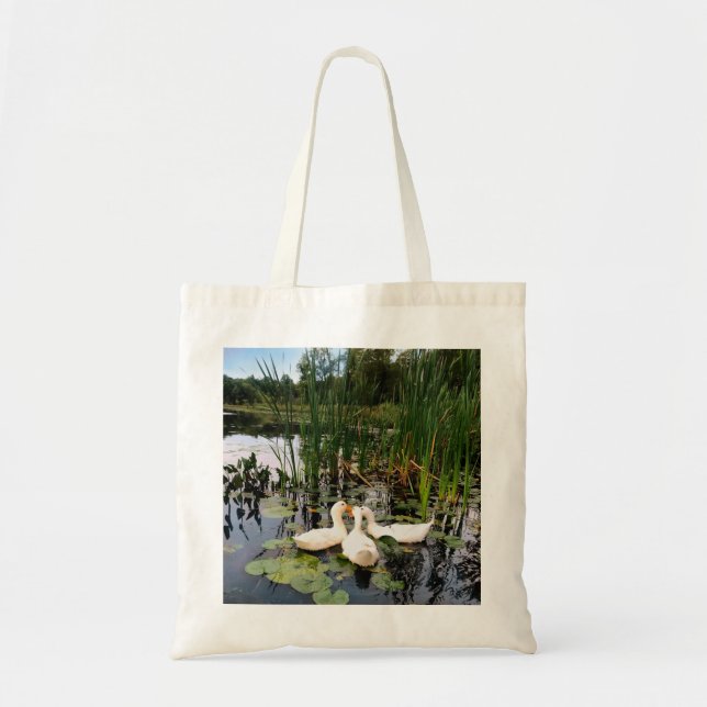Classic white ducks on beautiful lake tote bag (Front)