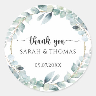 Classic White Eucalyptus Wreath Wedding Thank You Round Sticker