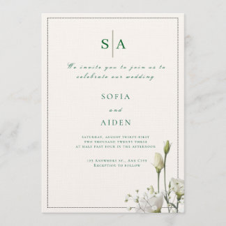 classic white floral and border wedding invitation