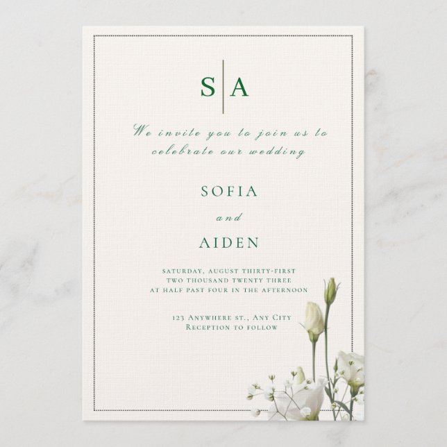 classic white floral and border wedding invitation (Front)