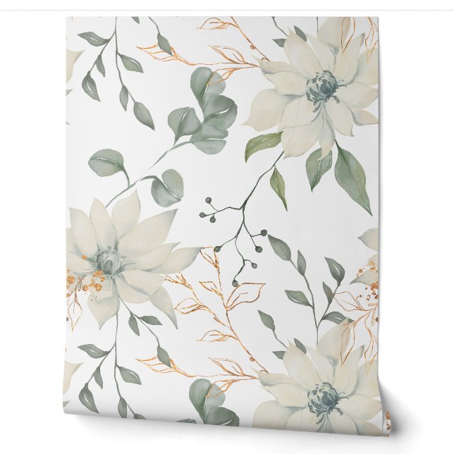 Classic White Floral Botanical  Wallpaper (Unrolling)