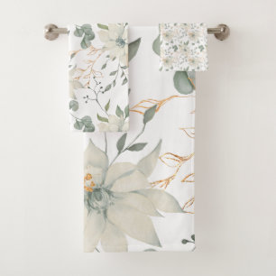 Classic White Floral Botanical White Background Bath Towel Set