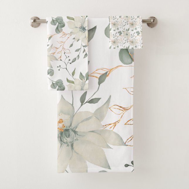 Classic White Floral Botanical White Background Bath Towel Set (Insitu)
