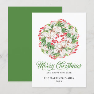 Classic White Floral Red Berry Wreath Christmas Holiday Card
