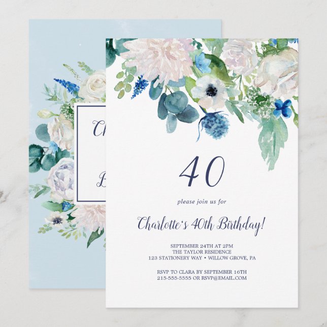 Classic White Flowers 40th Birthday Party Invitation (Front/Back)
