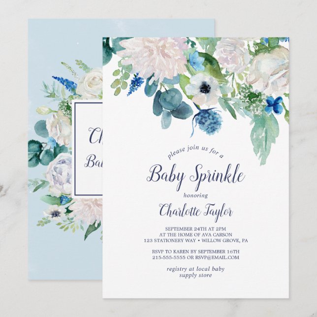 Classic White Flowers Baby Sprinkle Invitation (Front/Back)