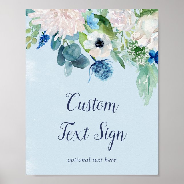 Classic White Flowers Blue Baby Shower Custom Text Poster (Front)