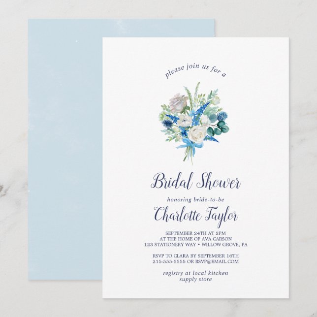 Classic White Flowers Bouquet Bridal Shower Invitation (Front/Back)