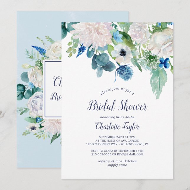 Classic White Flowers Bridal Shower Invitation (Front/Back)