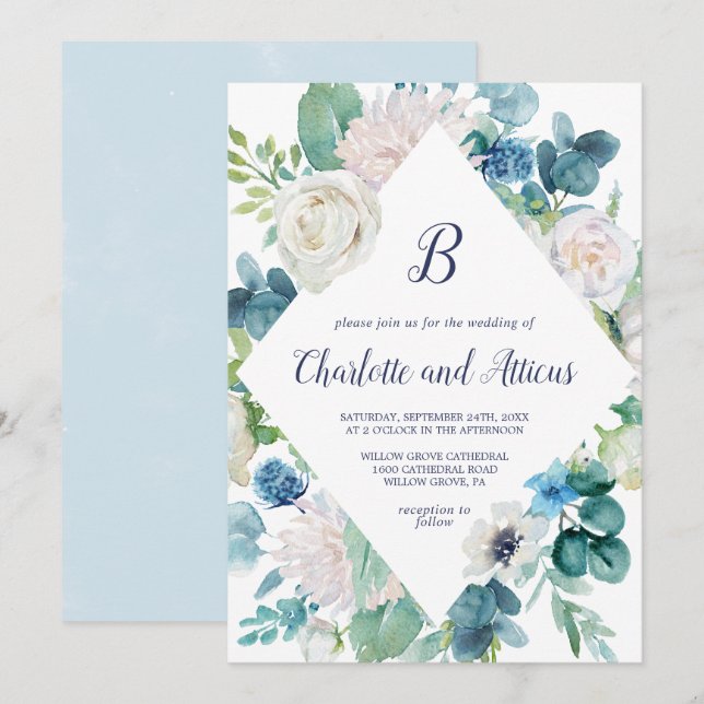 Classic White Flowers Diamond Monogram Wedding Invitation (Front/Back)