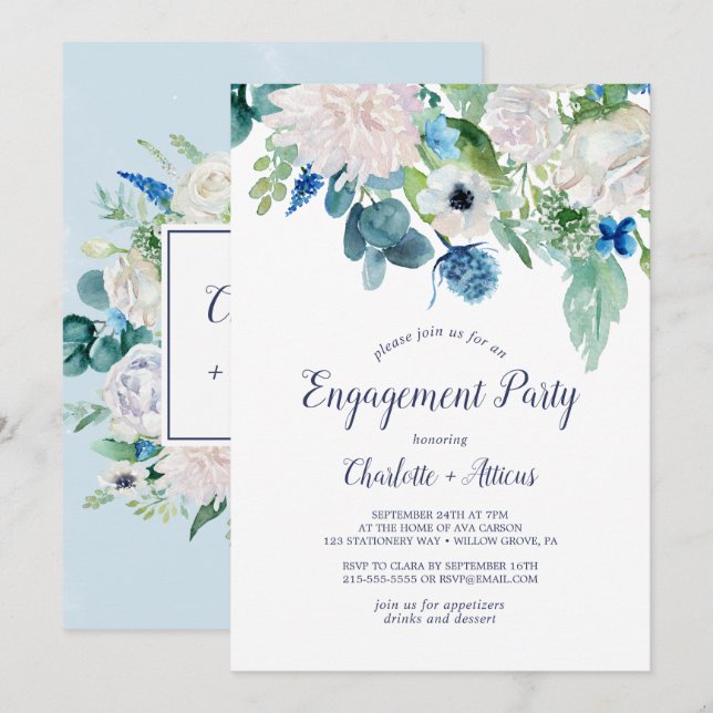Classic White Flowers Engagement Party Invitation (Front/Back)