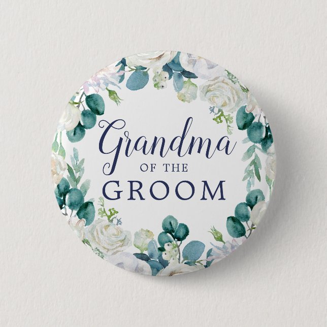 Classic White Flowers Grandma of the Groom 6 Cm Round Badge (Front)