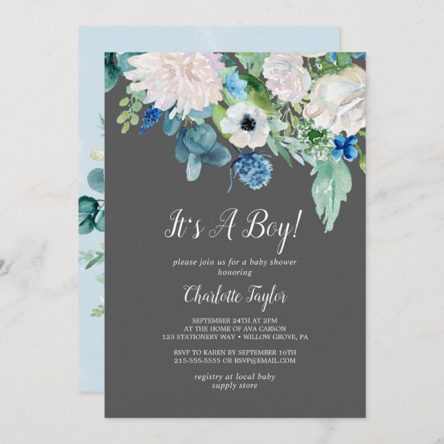 Classic White Flowers Grey It's A Boy Baby Shower Invitation (Front/Back)
