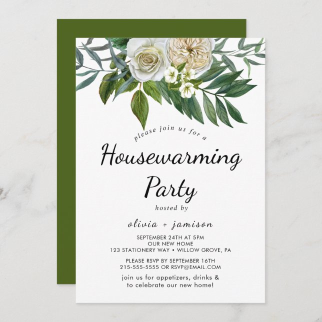 Classic White Flowers Housewarming Invitation (Front/Back)