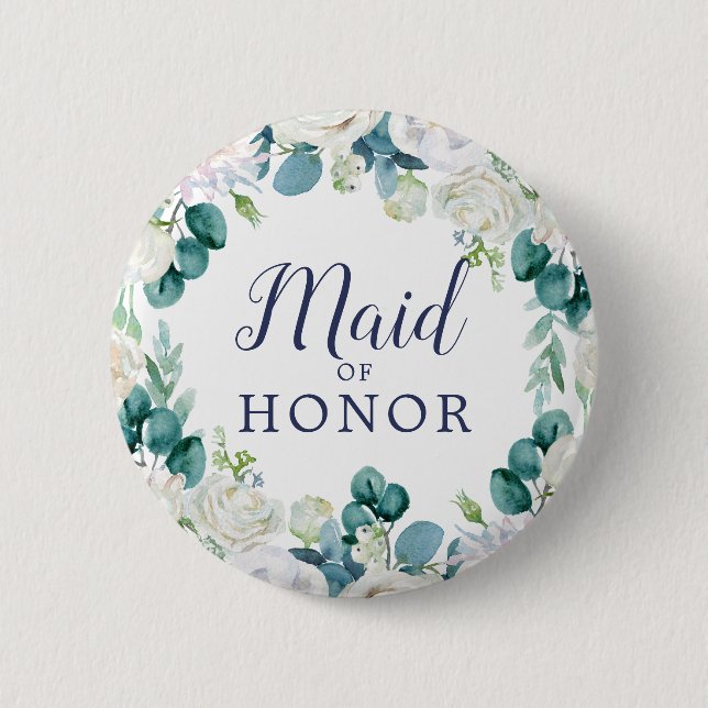 Classic White Flowers Maid of Honor Bridal Shower 6 Cm Round Badge (Front)