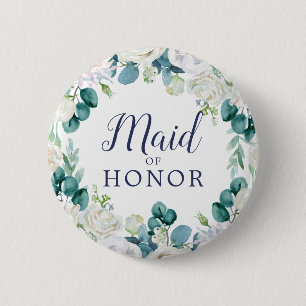 Classic White Flowers Maid of Honor Bridal Shower 6 Cm Round Badge