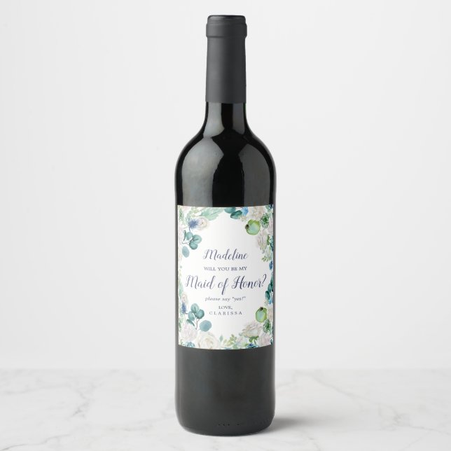 Classic White Flowers Maid of Honour Proposal Wine Label (Front)